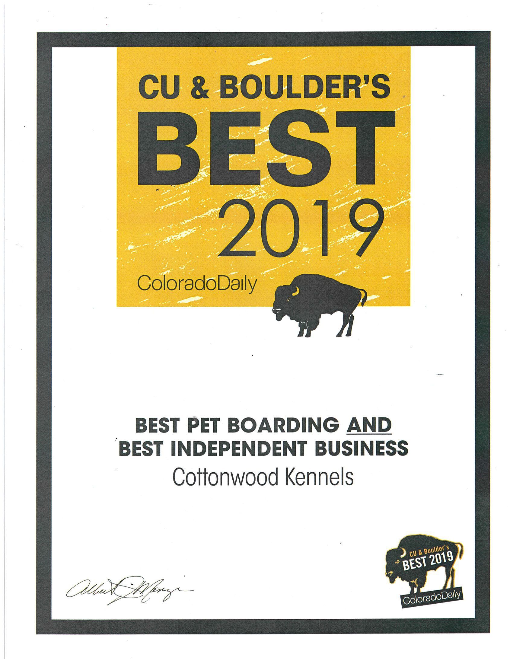 A certificate that says cu & boulder 's best 2019 best pet boarding and best independent business