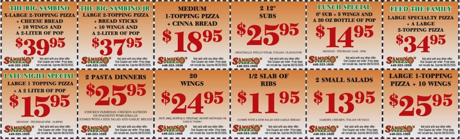 Sambino's Pizza coupons are lined up on a white background
