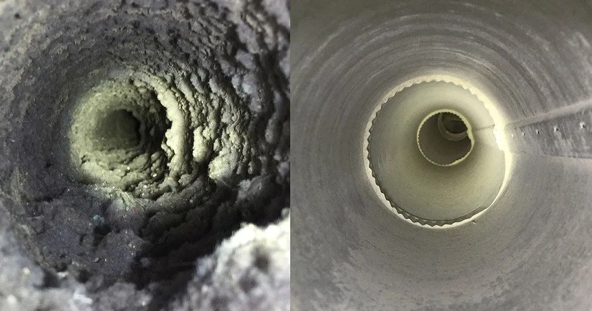 Comparison of dirty and clean air ducts. Left: dusty, rough duct. Right: smooth, clean duct.