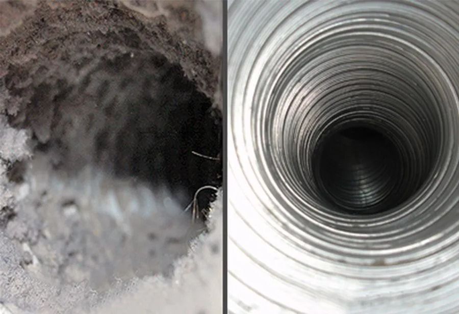 Left: clogged, dusty dryer vent. Right: Clean, metallic dryer vent.