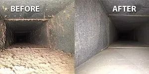 Comparison of before and after cleaning of air ducts. The “before” duct is dirty, and the “after” duct is clean.