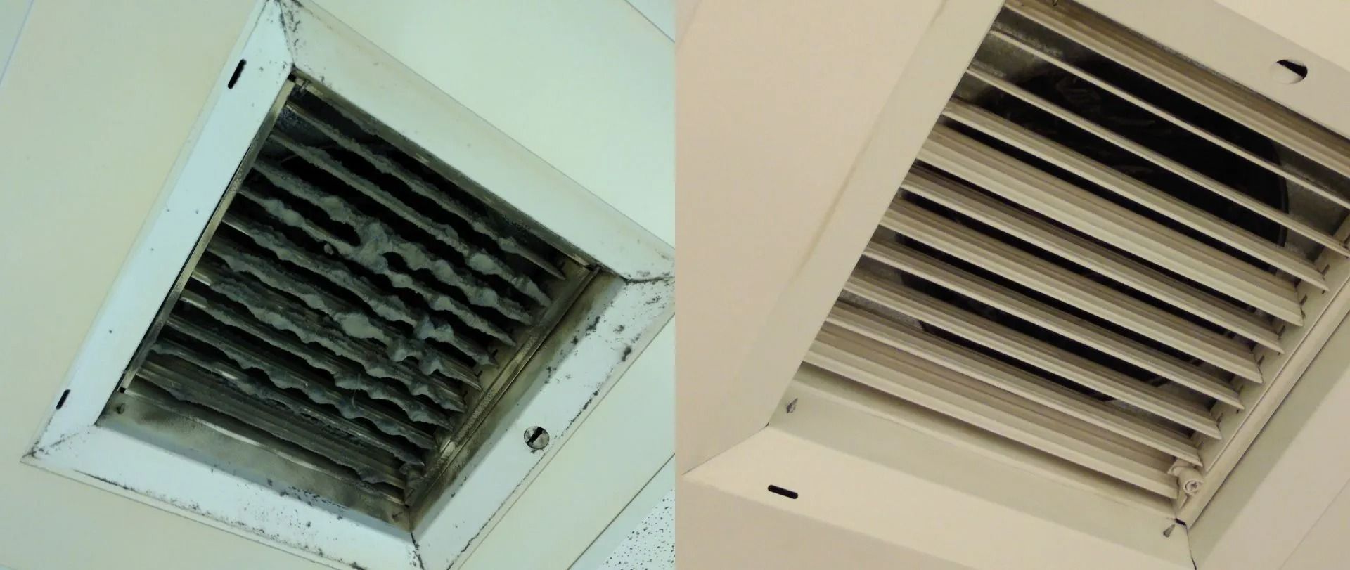 Dirty and clean air vents side by side. The left vent is dark and clogged, the right is clean.