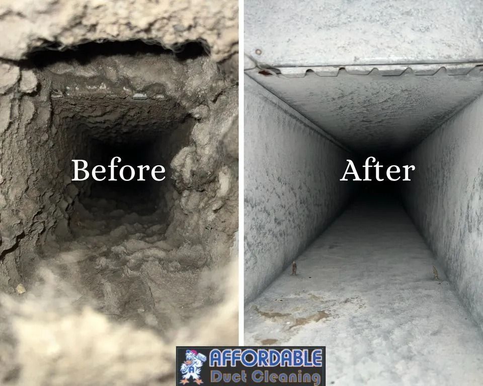 Side-by-side comparison: Dirty air duct (before) and clean air duct (after) cleaning by Affordable Duct Cleaning.