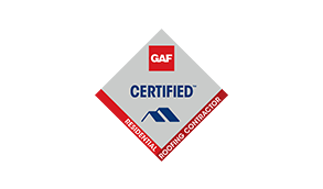 GAF Certified Residential Roofing Contractor logo. Red, white, and gray diamond shape with blue roof icon.