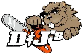 Beaver mascot holding chainsaw; logo for DJ's with orange and white text and graphic.