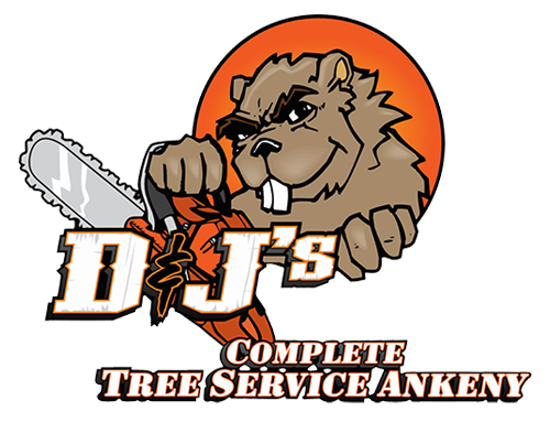 Beaver holding chainsaw, DJ's Complete Tree Service, Ankeny, logo. Orange circle background.