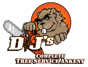Beaver holding chainsaw, DJ's Complete Tree Service, Ankeny, logo. Orange circle background.