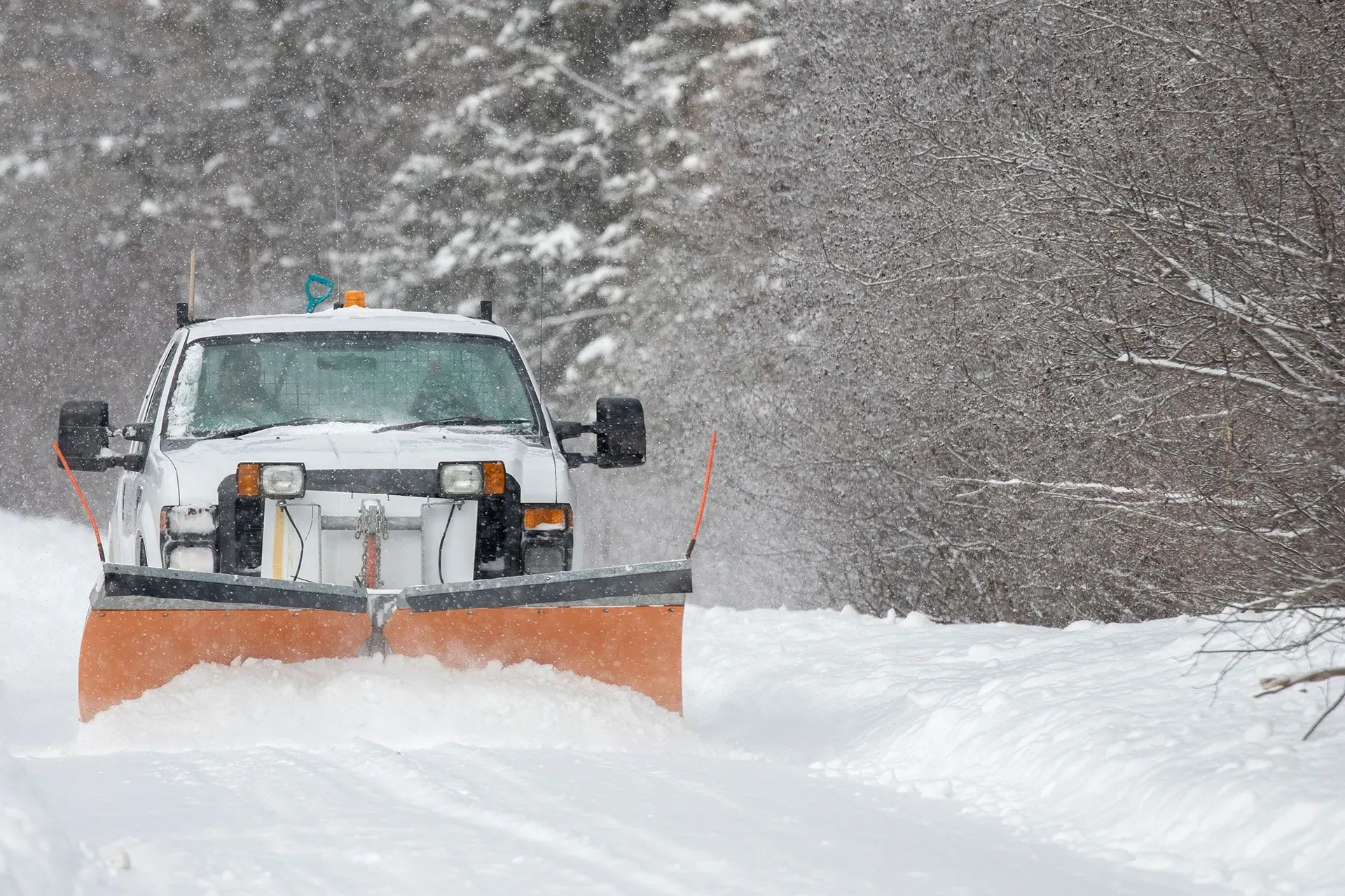 Snowplow clearing a snow-covered road during a snowfall; trees line the sides.