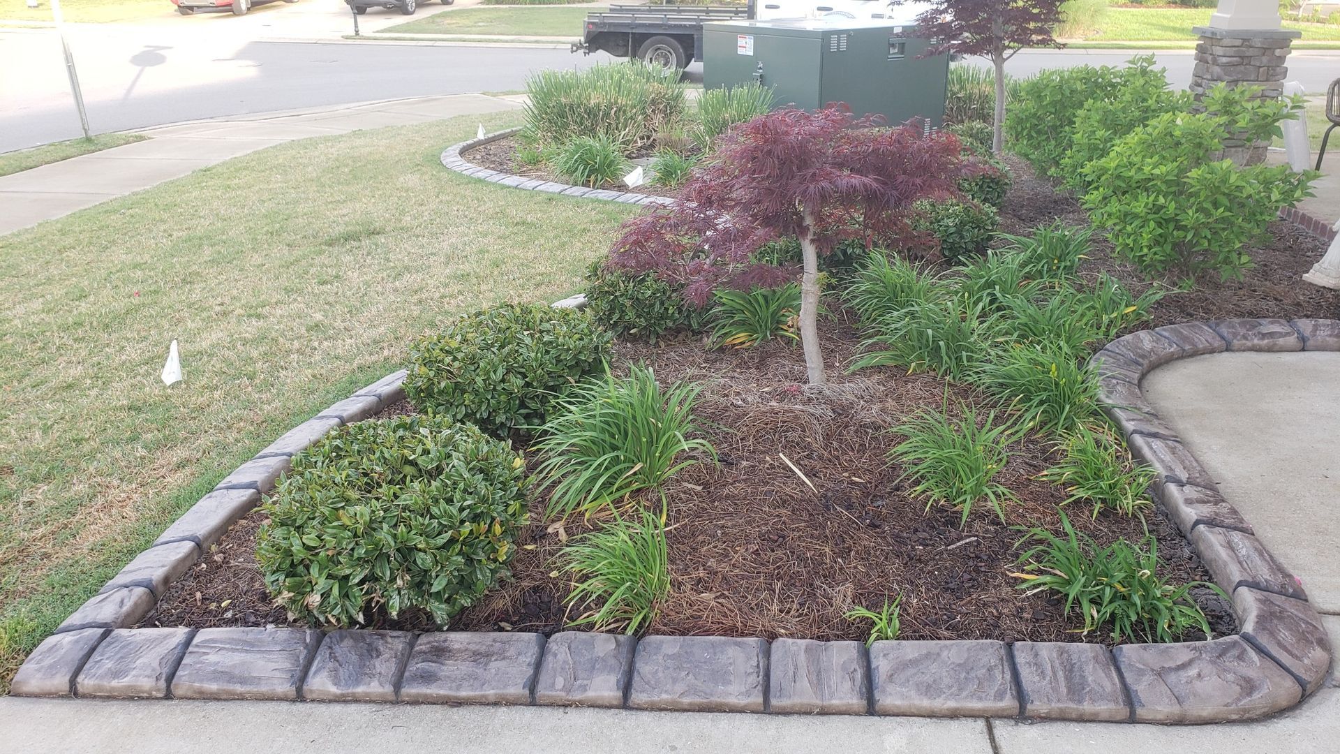 A garden with a brick border and a tree in the middle.