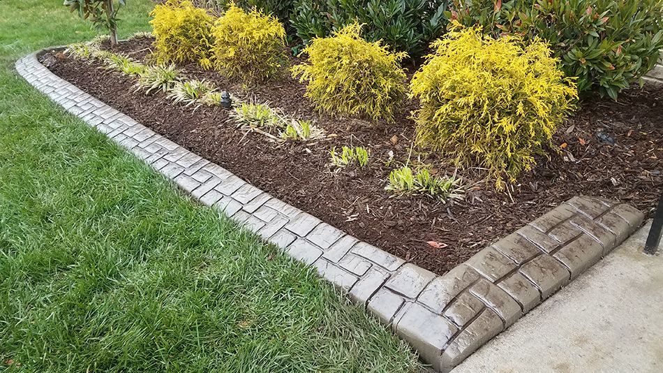A brick border surrounds a garden bed with plants and mulch.
