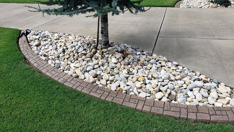 A tree is surrounded by rocks and a brick border.
