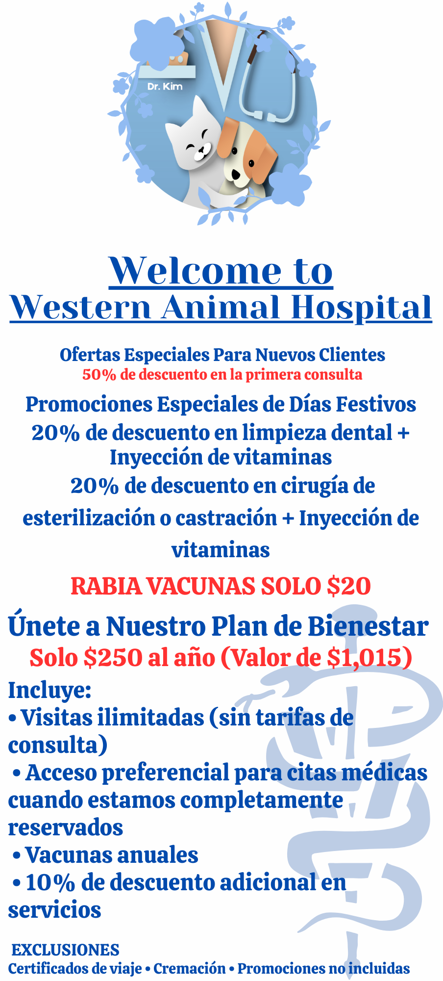 Advertisement for Western Animal Hospital with discounts, vaccinations, and a wellness plan.