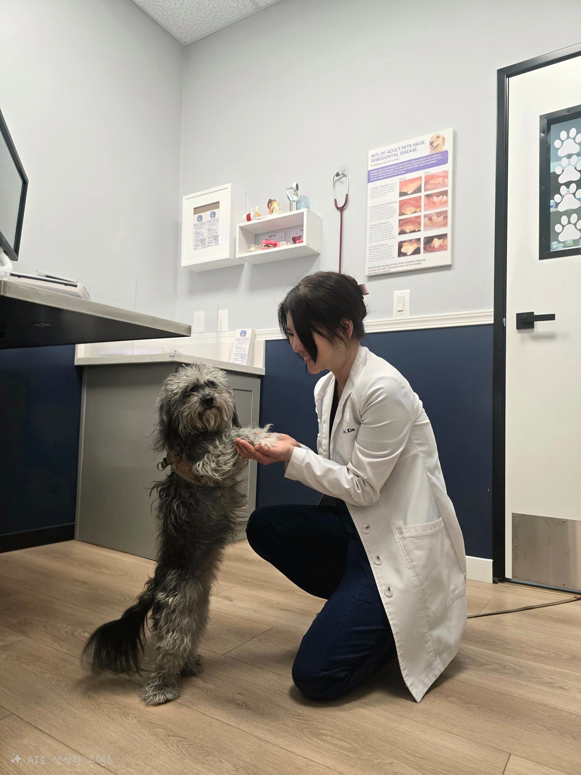 Veterinarian in white coat holding a dog
