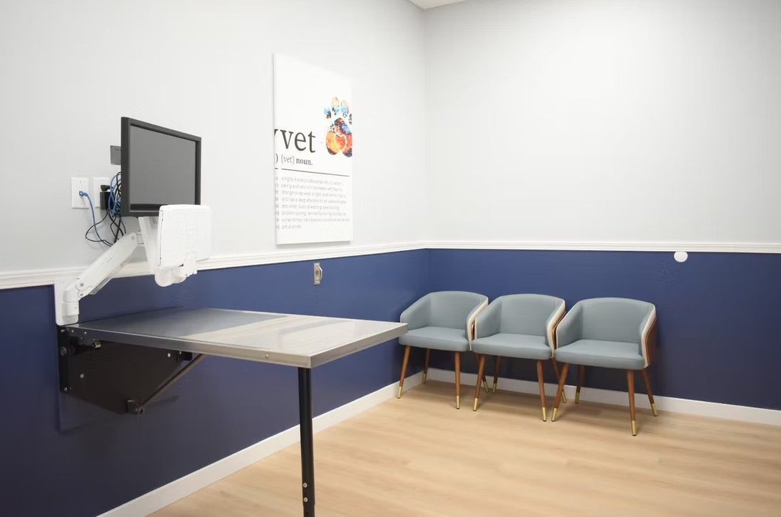Examination room with three blue chairs, a wall-mounted table, and a monitor; blue and white walls.