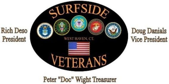Surfside Veterans logo: black oval with service seals, US flag, names, and titles.