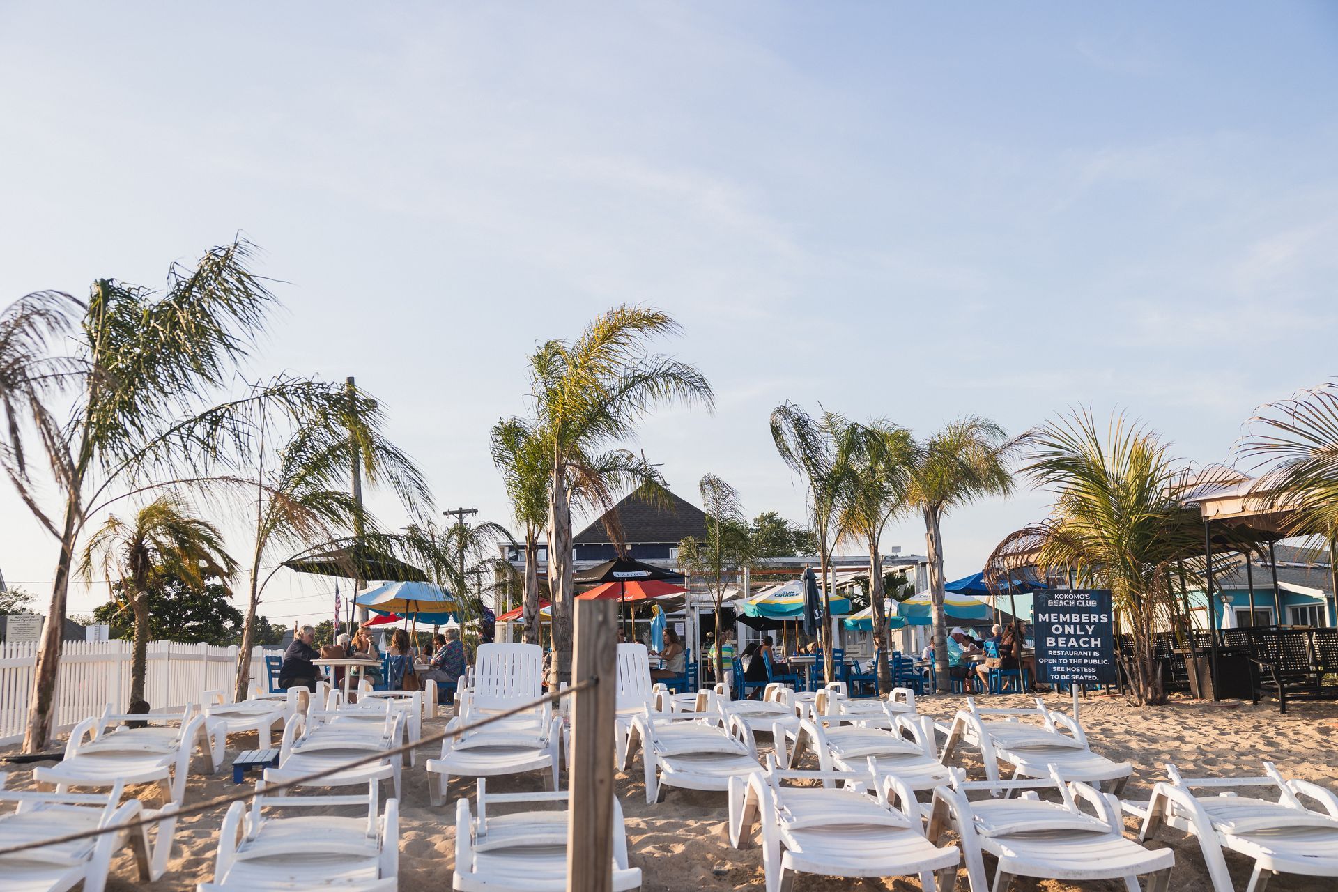 Beach scene with white lounge chairs, palm trees, and a bar area. People are visible enjoying the sunny setting.