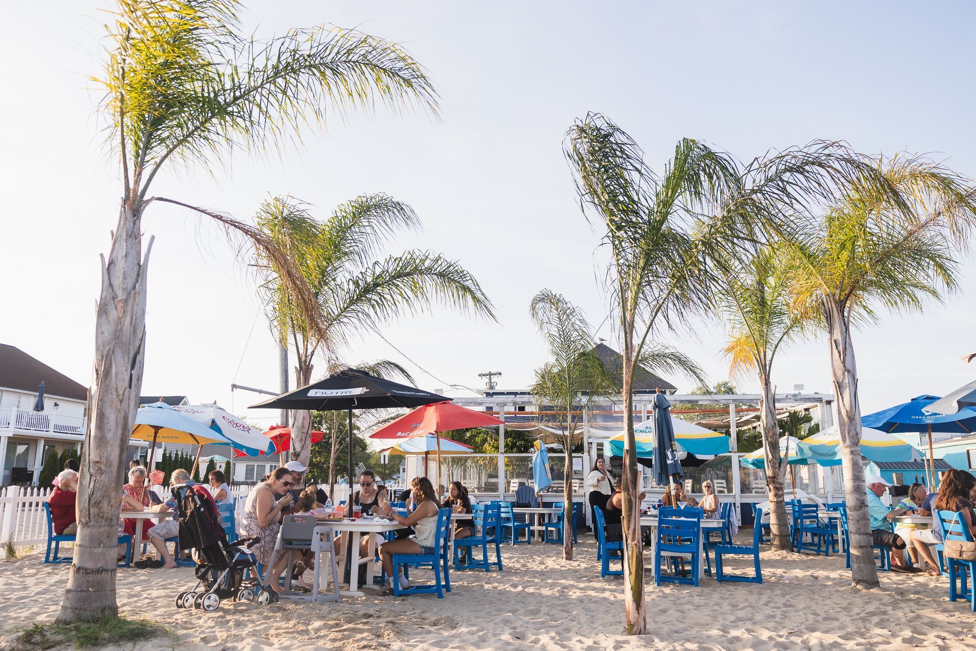 Outdoor beach restaurant with palm trees, blue chairs, and people dining.