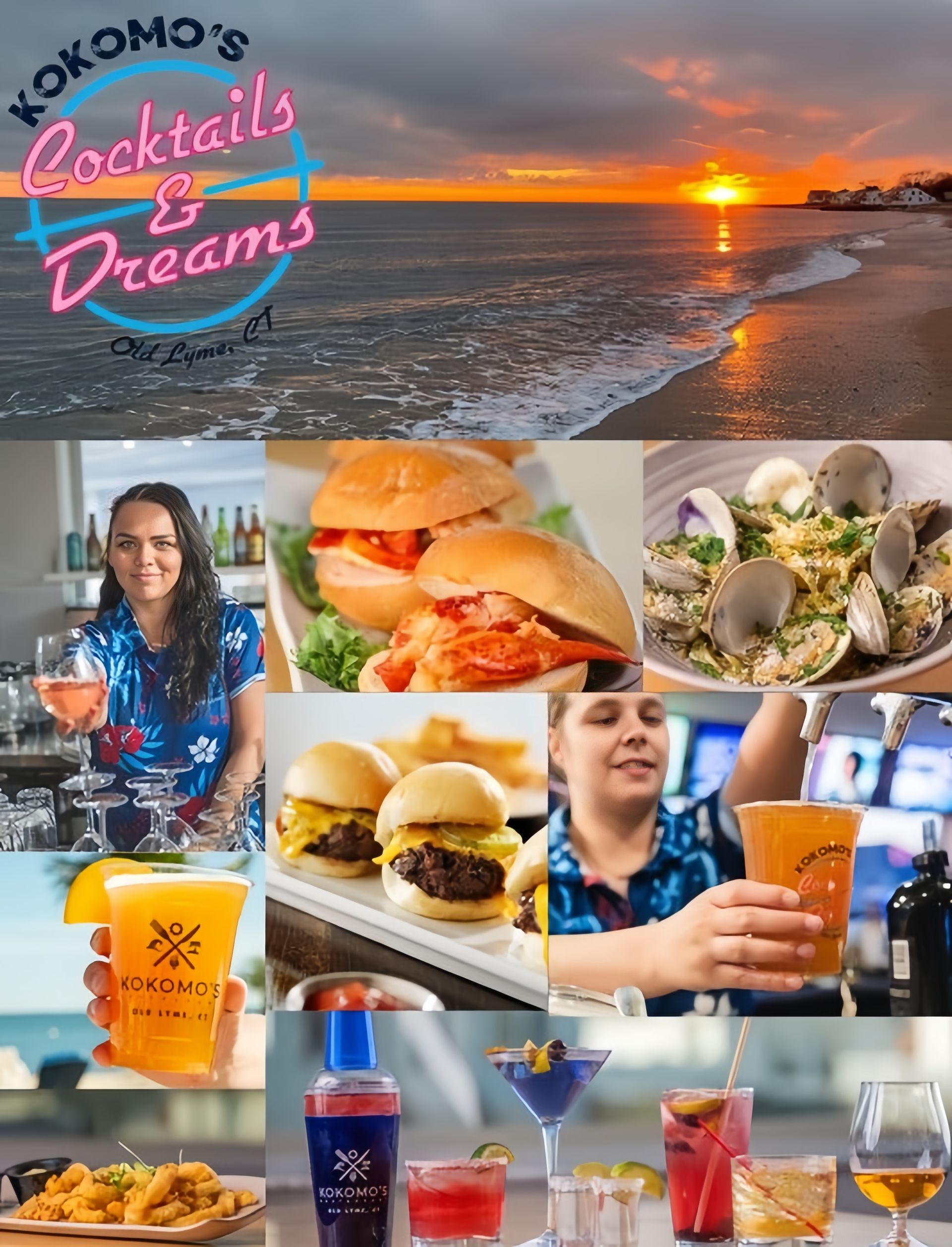 Collage: Beach sunset, cocktails, food (sliders, seafood), and bartenders at Kokomo’s Cocktails & Dreams.
