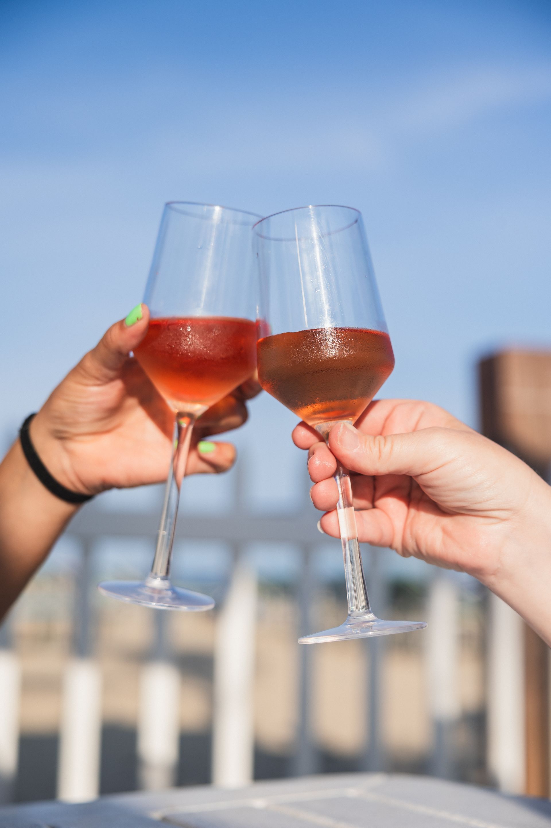 Two people toasting with glasses of wine.