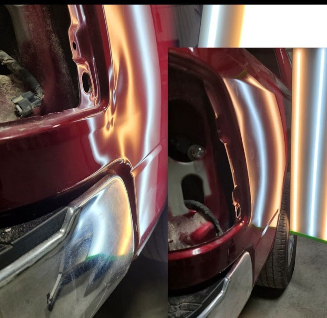 Two photos of a red car's damaged rear corner. One side shows dent near bumper, the other the dent near taillight.