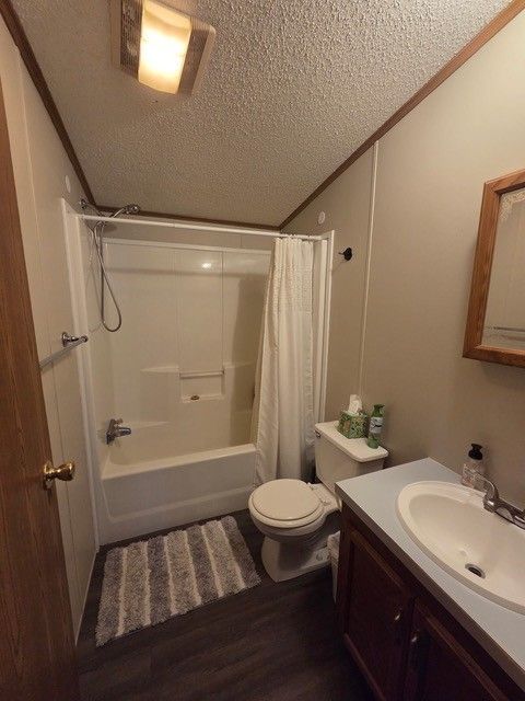 Bathroom with a shower/tub, toilet, vanity, rug, and brown door.
