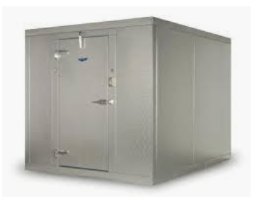 A small stainless steel room with a door on a white background.