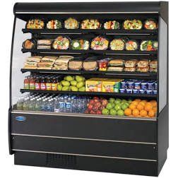 A display case filled with lots of food and drinks.