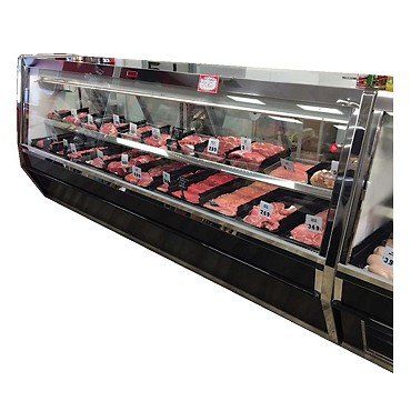 A butcher 's display case filled with meat and chicken.