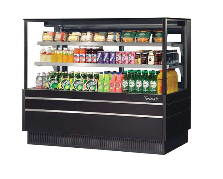 A display case filled with bottles and cans of soda.