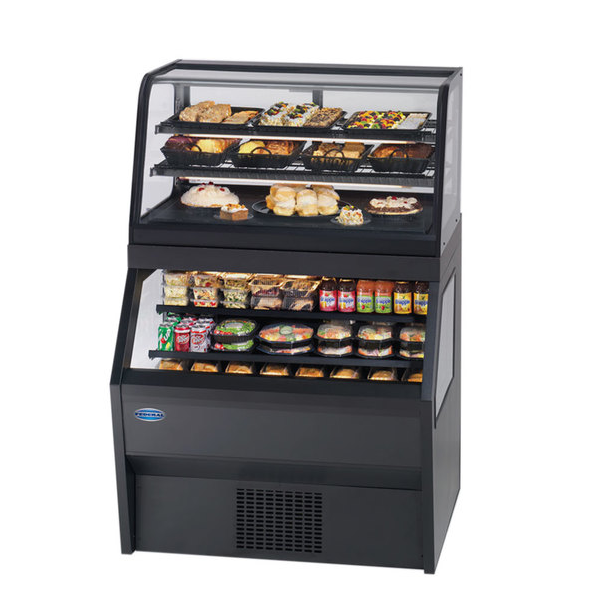 A display case filled with food and drinks on a white background.