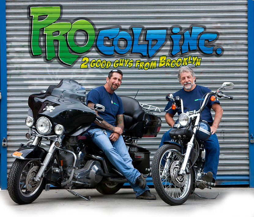 Two men sit on motorcycles in front of a sign that says pro cold inc.
