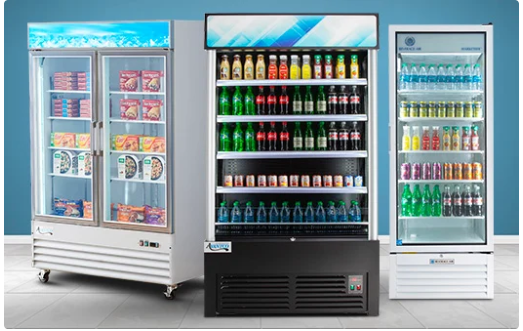A group of refrigerators filled with bottles and cans.