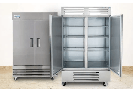 A stainless steel refrigerator with the doors open