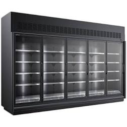 A large empty refrigerator with glass doors and shelves.