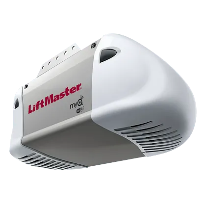 White LiftMaster garage door opener unit with vents and control panel on top