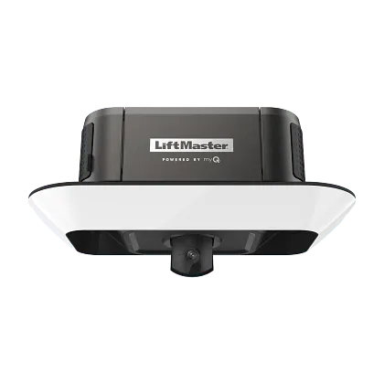 White and black LiftMaster garage door opener viewed from below on a plain background