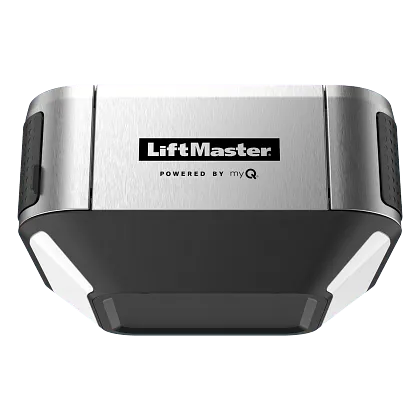 LiftMaster garage door opener, silver and black, front view with lights on both sides