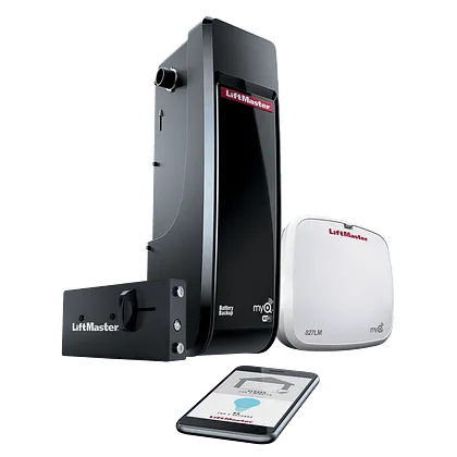 Smart garage door opener system with black wall unit, white hub, and smartphone app control