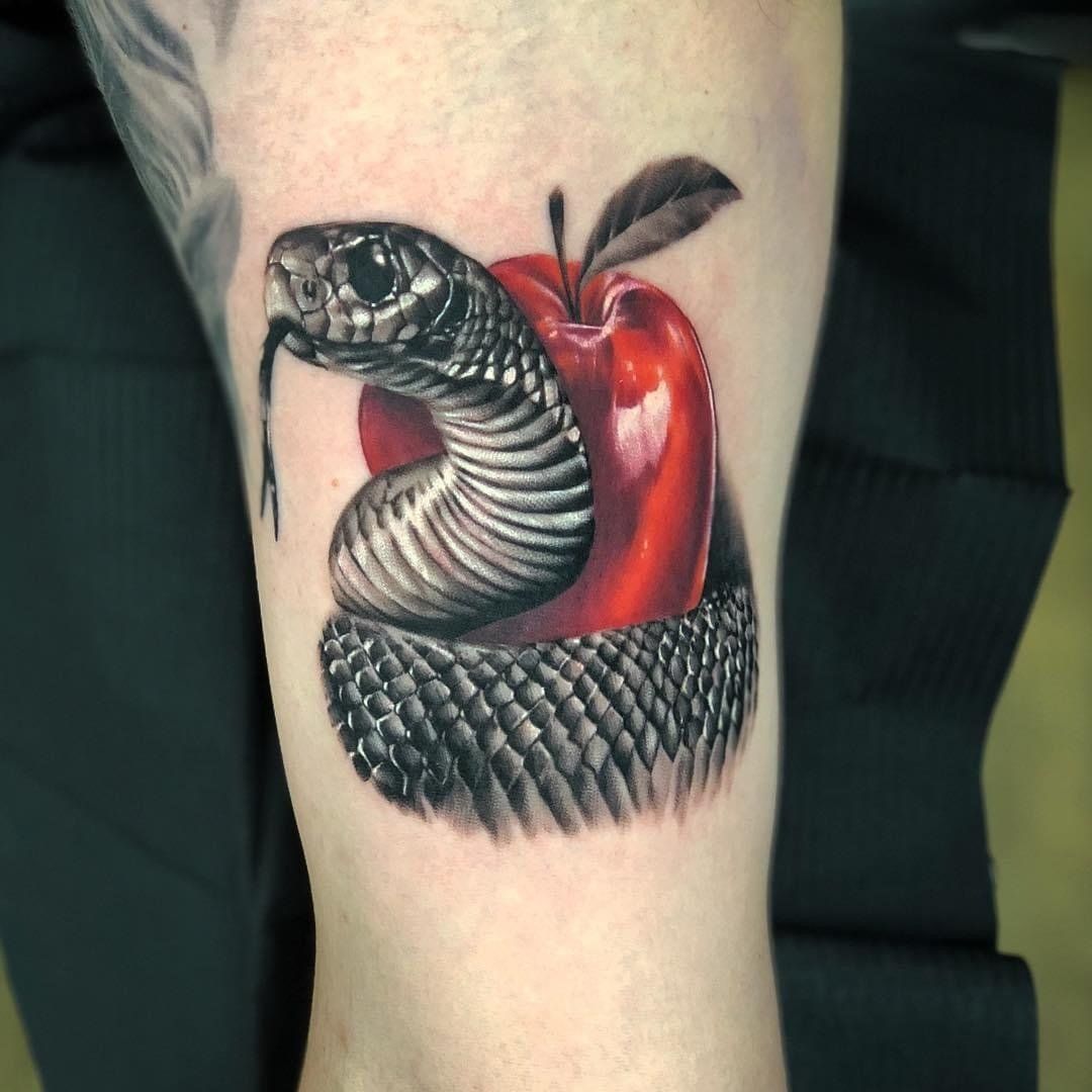 A tattoo of a snake and an apple on a person 's arm
