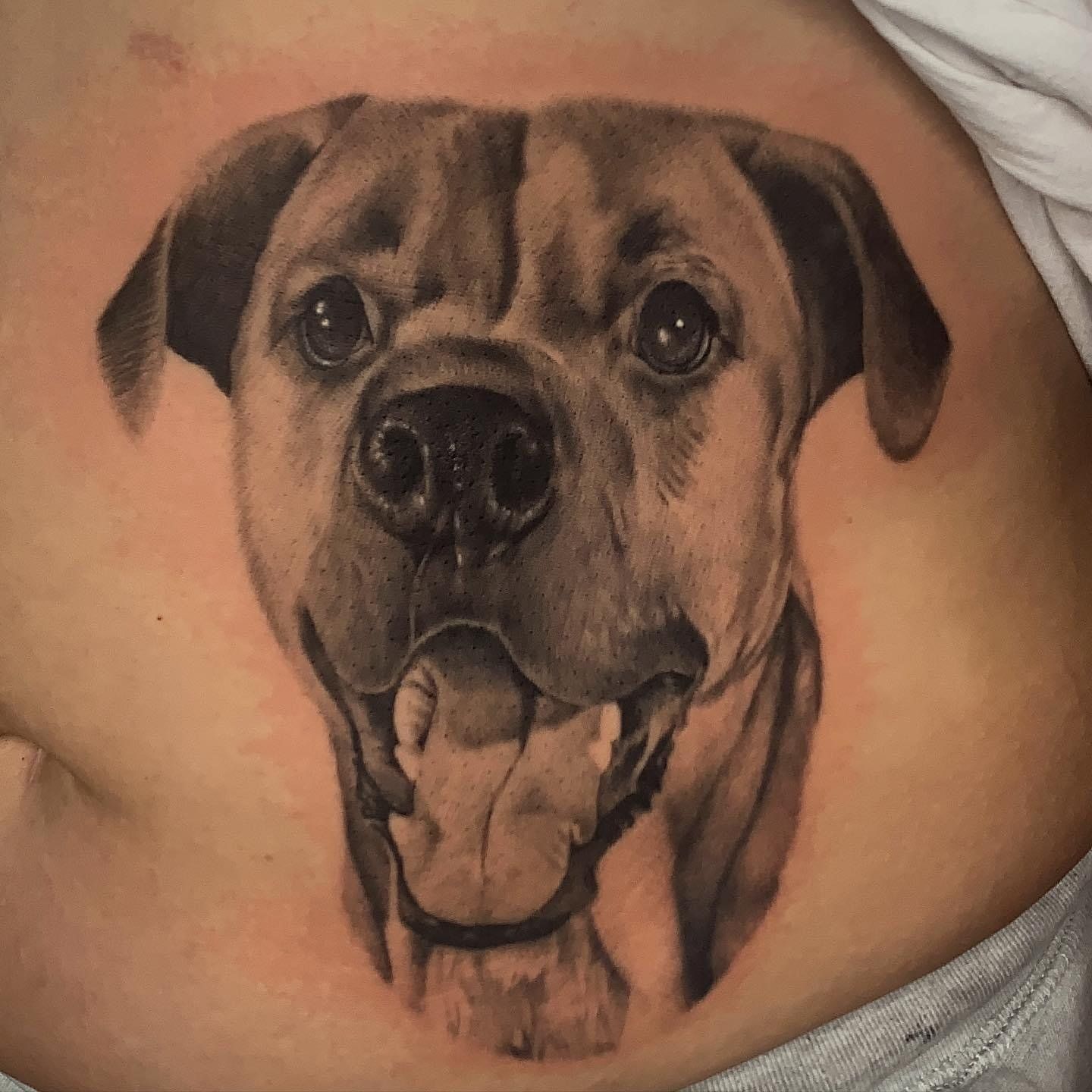 A close up of a tattoo of a dog on a person 's stomach