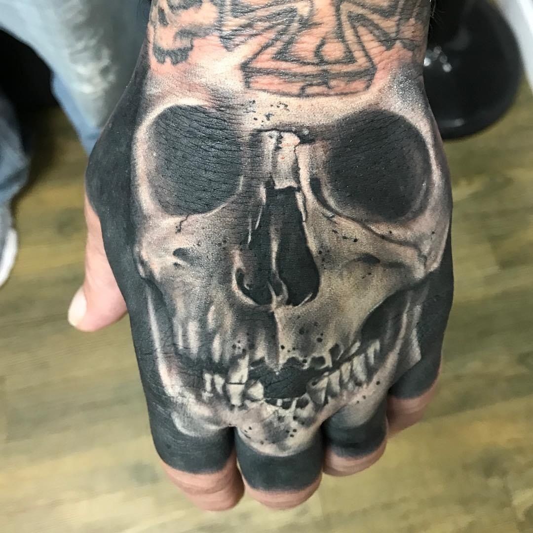 A person has a tattoo of a skull on their hand