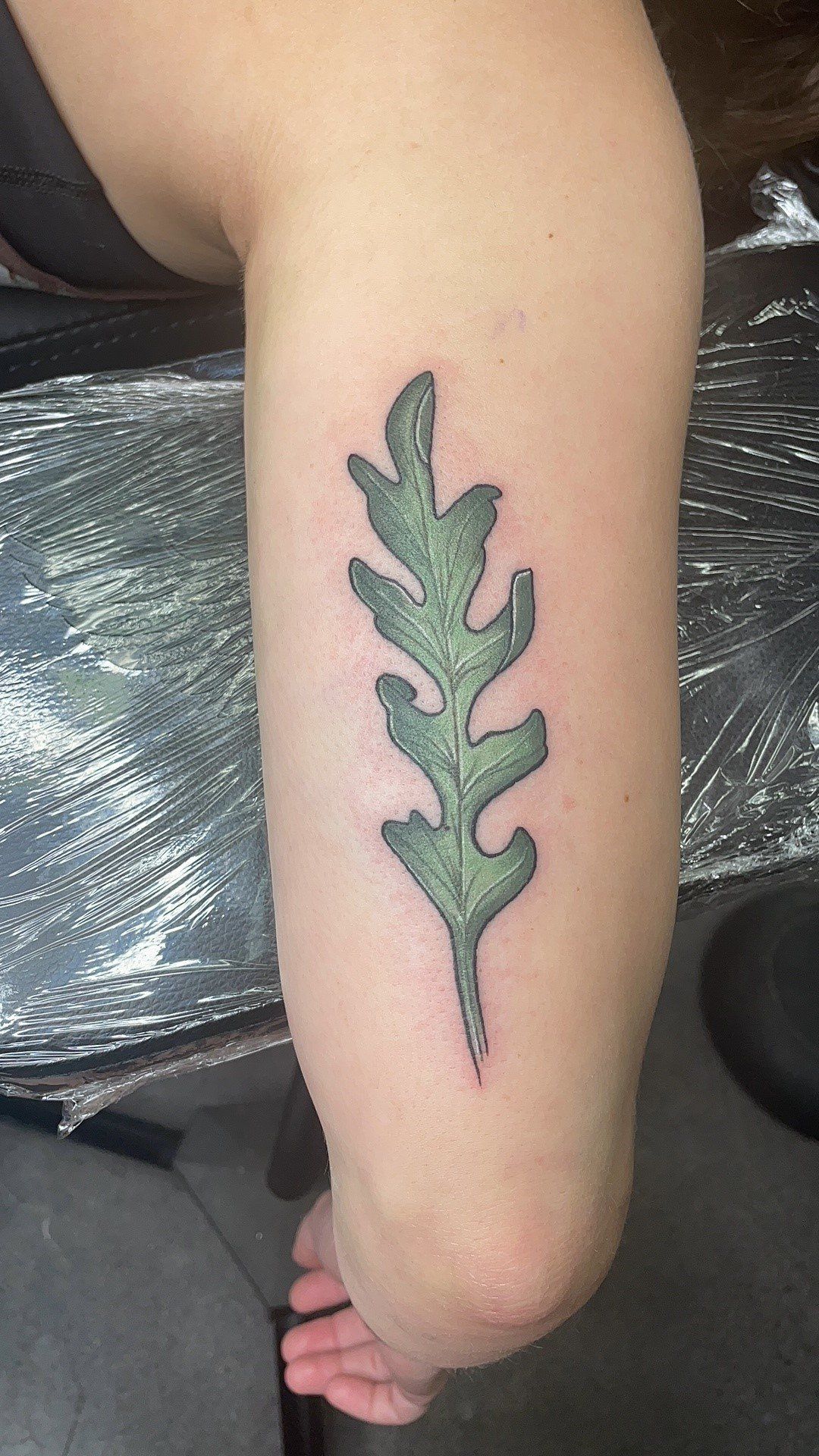 A person has a green leaf tattoo on their arm.