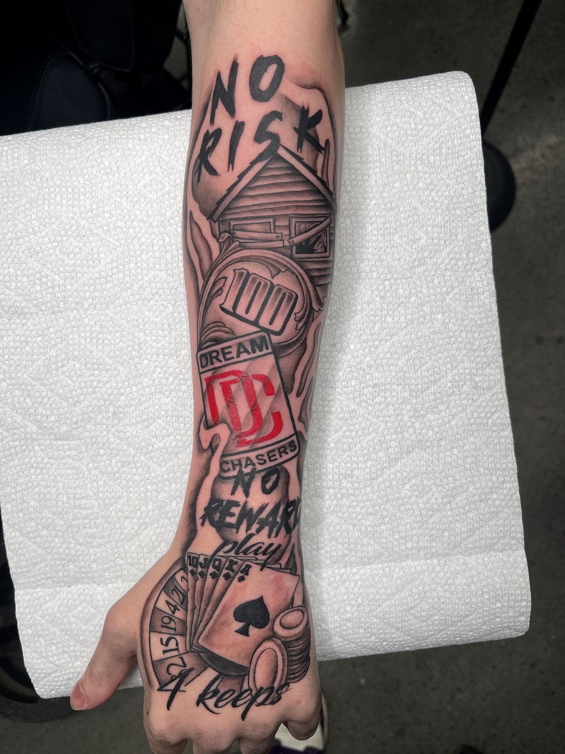 A person has a tattoo on their arm that says no risk