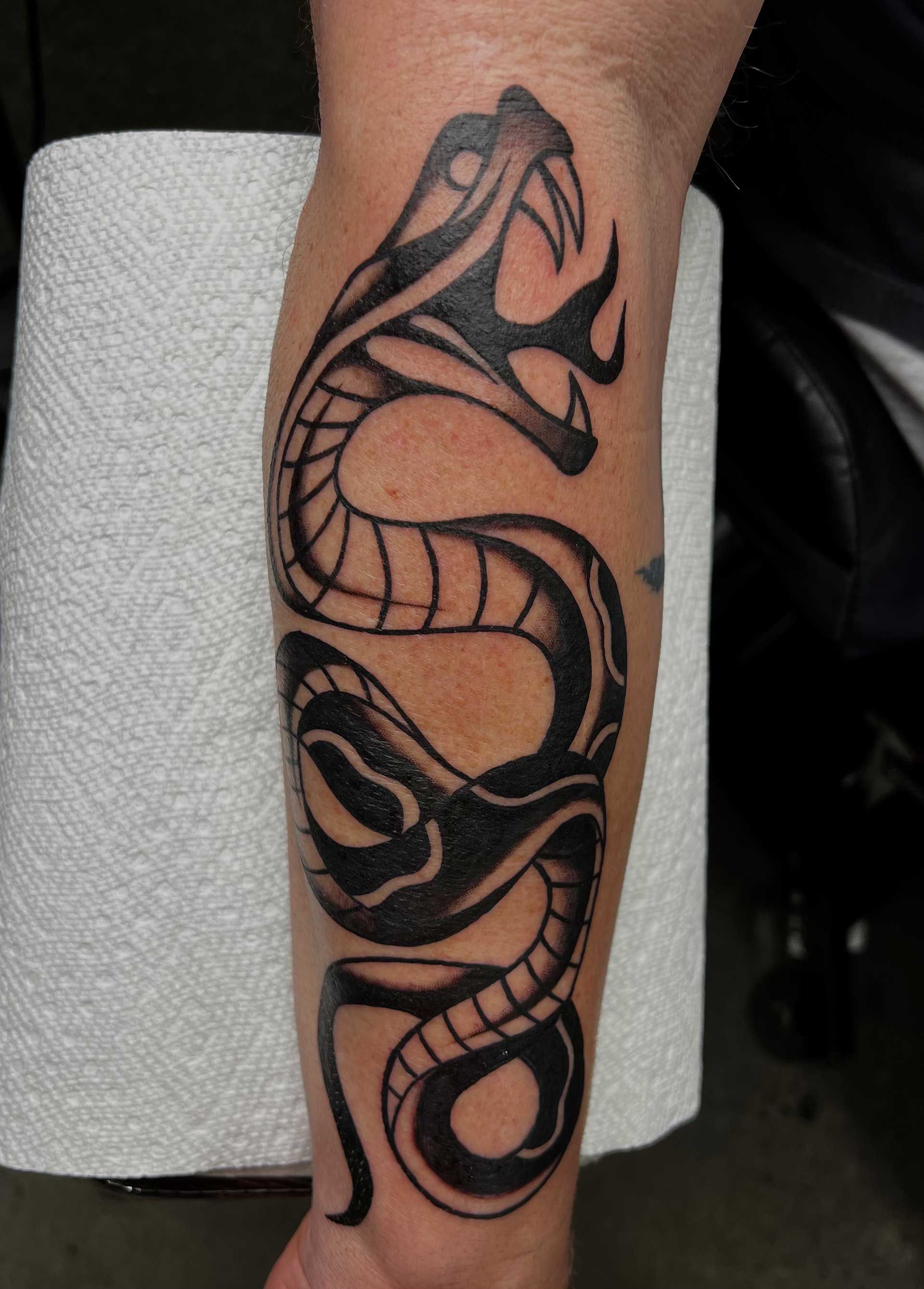 Black snake tattoo coiled along a forearm, with bold linework and shading
