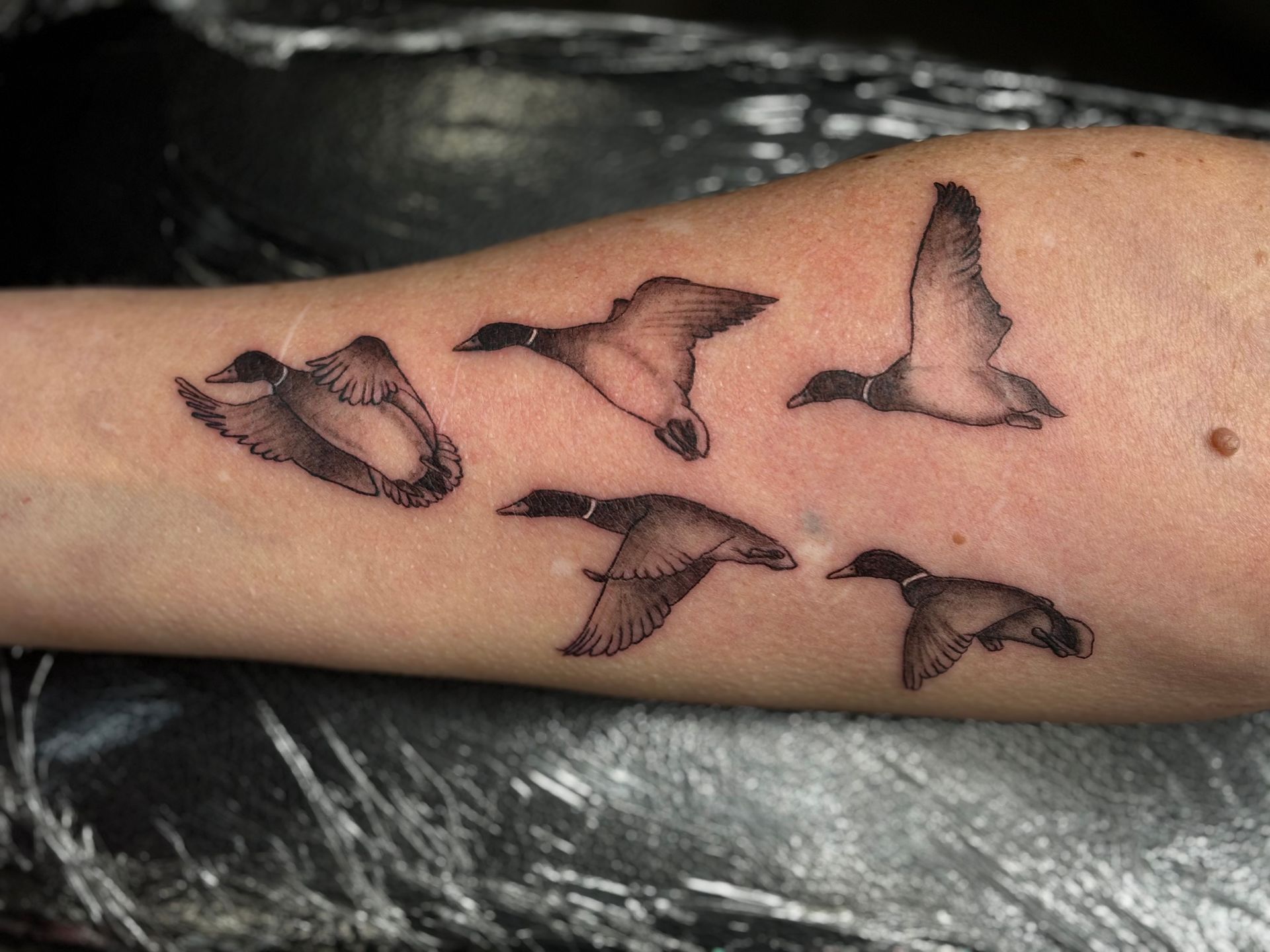 A tattoo of ducks flying in a row on a person 's arm