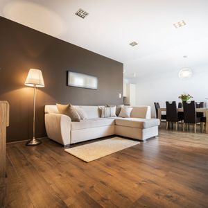 Living room with dark wood floors and a brown accent wall.