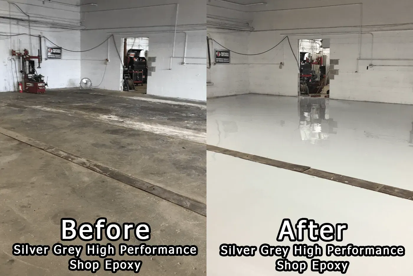 Before-and-after shop floor with gray epoxy coating, showing dull concrete replaced by glossy finish.