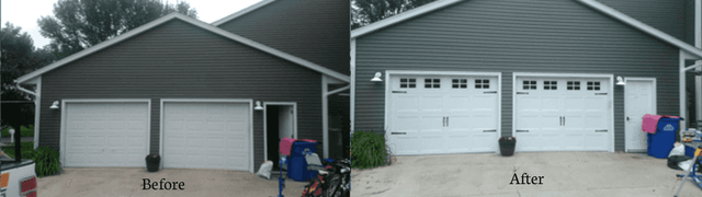 Before-and-after of a house exterior: old gray doors replaced with new white garage doors and siding.