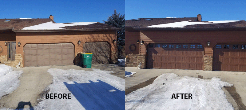 Before-and-after of a brick garage exterior with snow, showing changed windows and a cleaner facade.