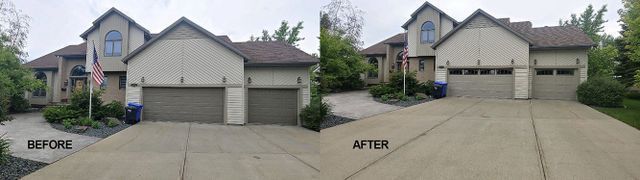 Before-and-after view of a beige house and driveway after exterior landscaping improvements